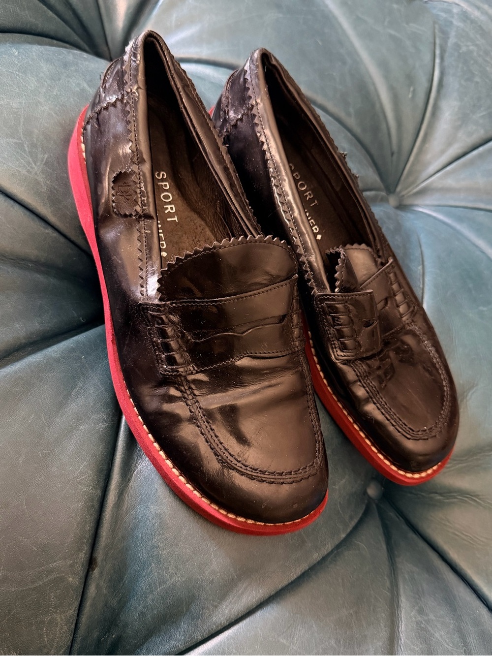 Donald J. Pliner Black Leather Penny Loafers with Red Sole Trim